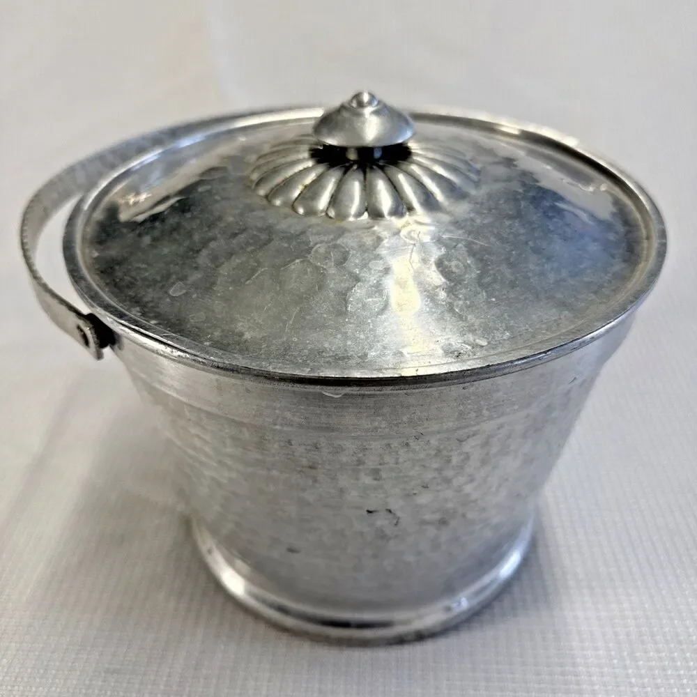 Vintage Hammered Aluminum Ice Bucket Ribbed Floral Trim Handle Art Nouveau MCM